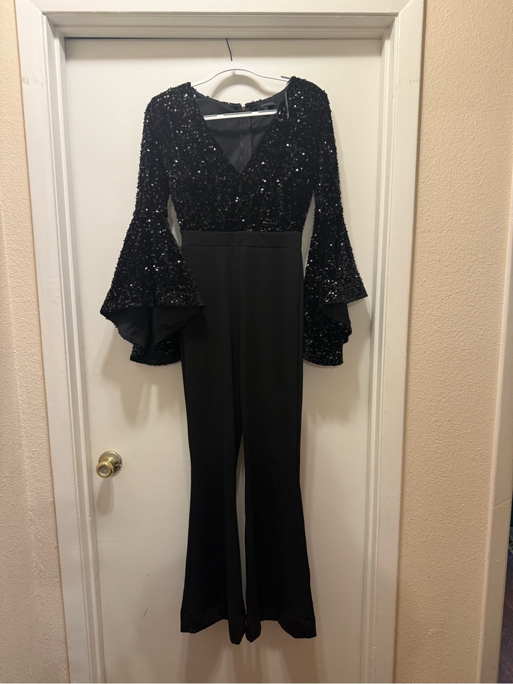 Symphony Black Sequin Bell Sleeve Jumpsuit Size S